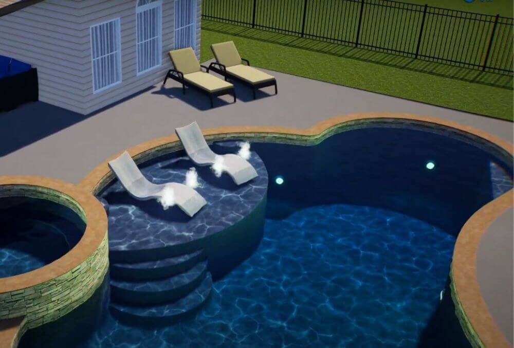 3D imaging of a customized pool with spa and pool chairs