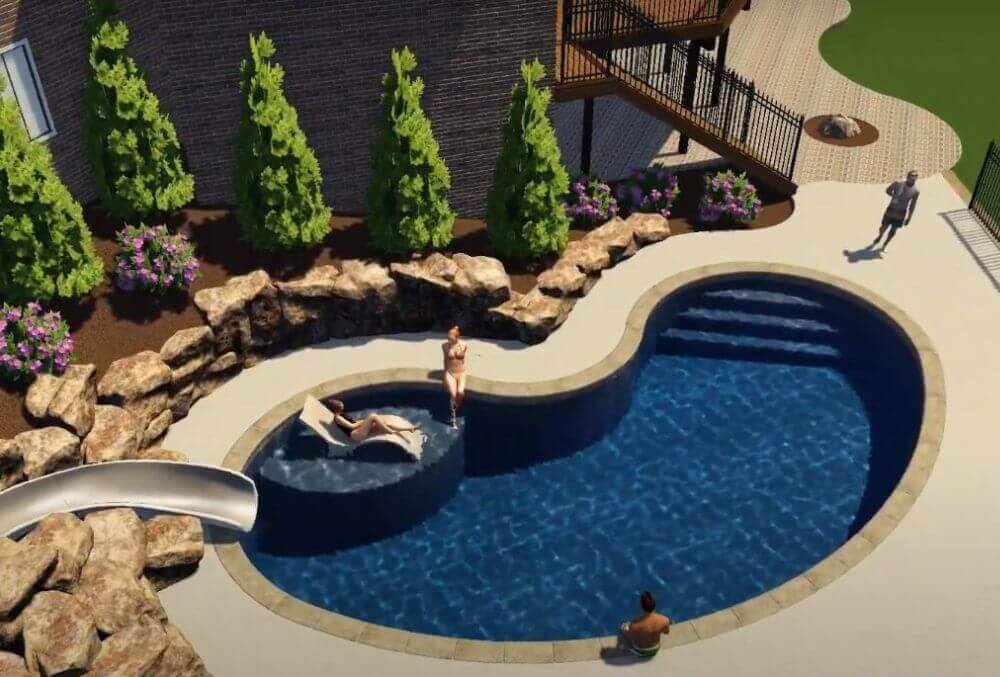 3D pool imaging of a bean shaped pool in a residential area with trees around it