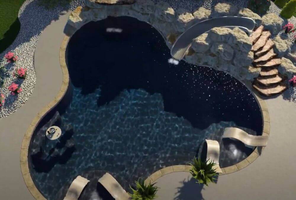 3D render of a custom shaped pool with slide and beach couches