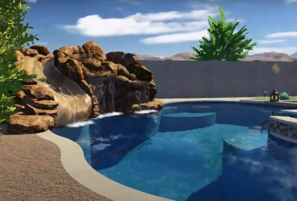 3d render of a residential pool with rock waterfall feature