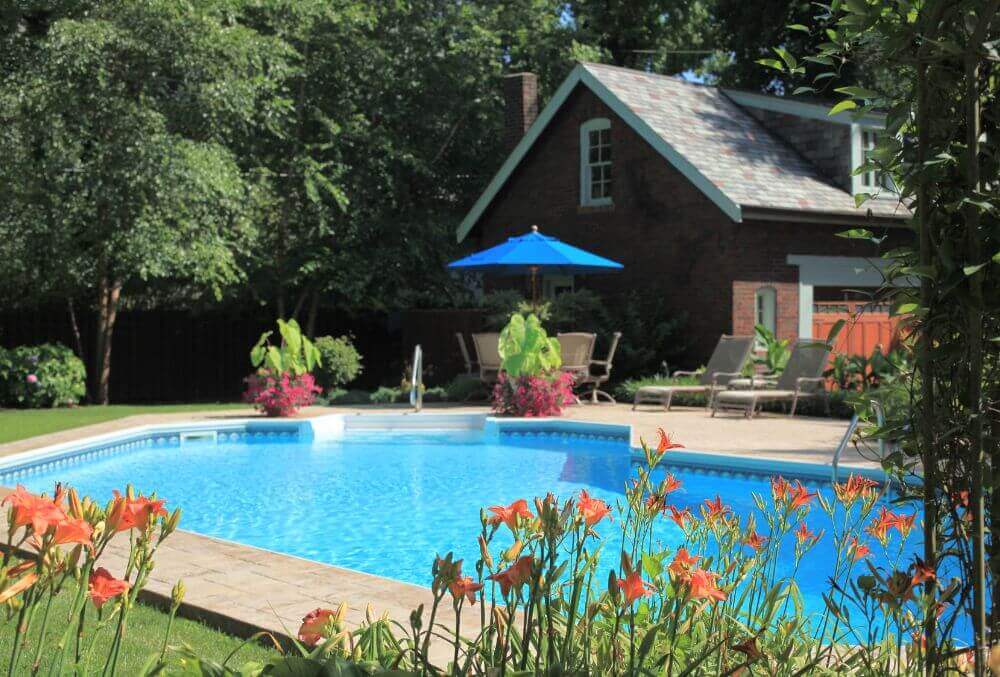 Backyard swimming pool in a dark colored house with potted plants around it