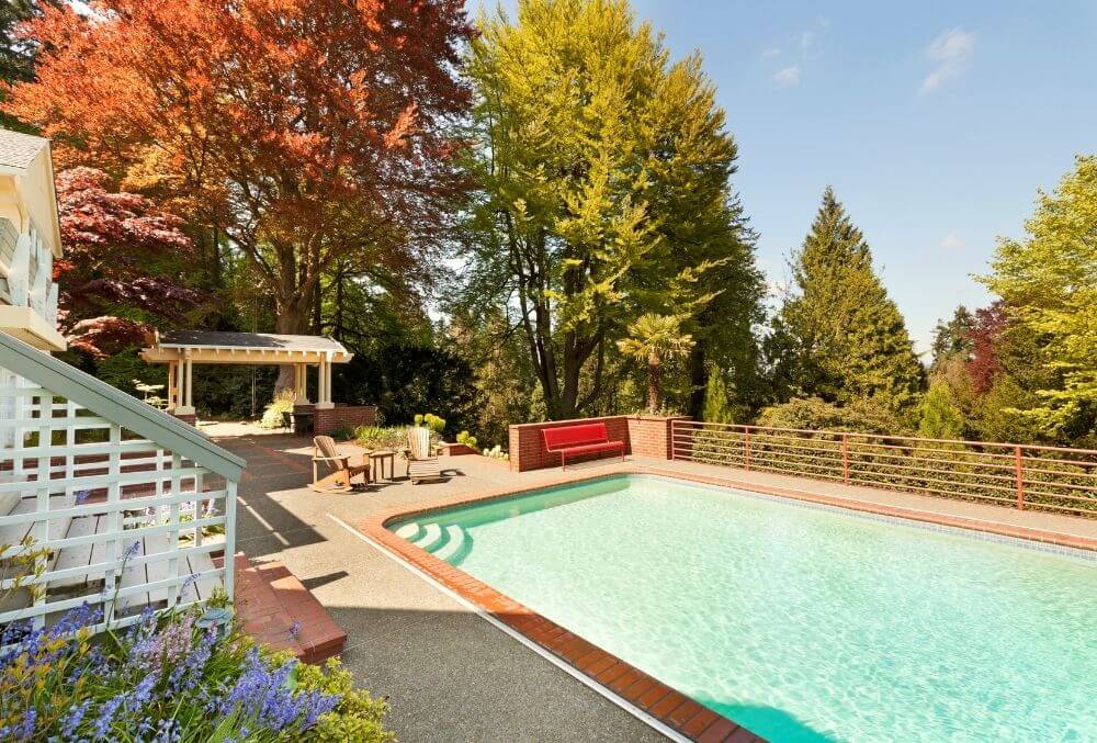 Rectangular pool with a crystal clear water in a residential area with trees background