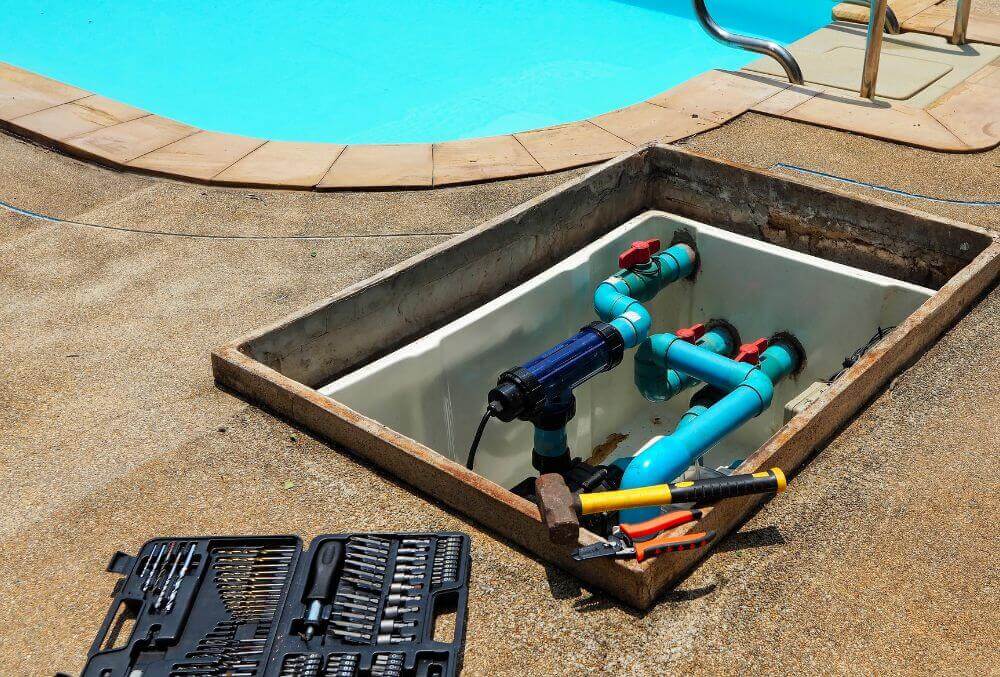 Under ground pool filtration system with laid out tools beside it