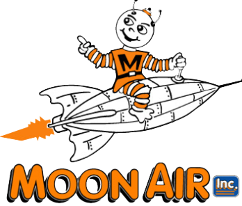 A logo for moon air inc. with a cartoon character on a rocket