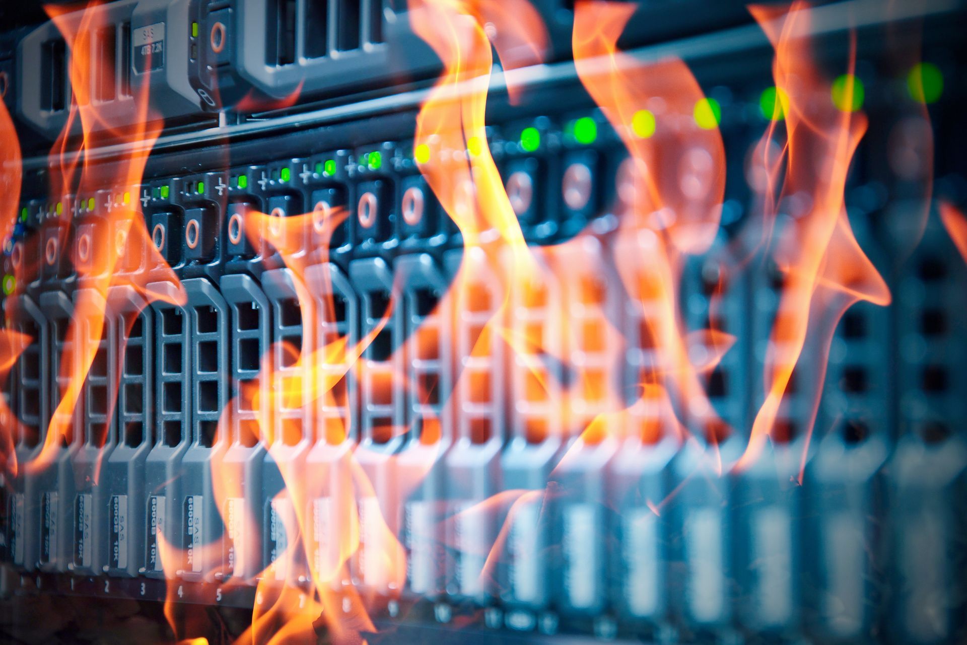 Flames over a computer server rack