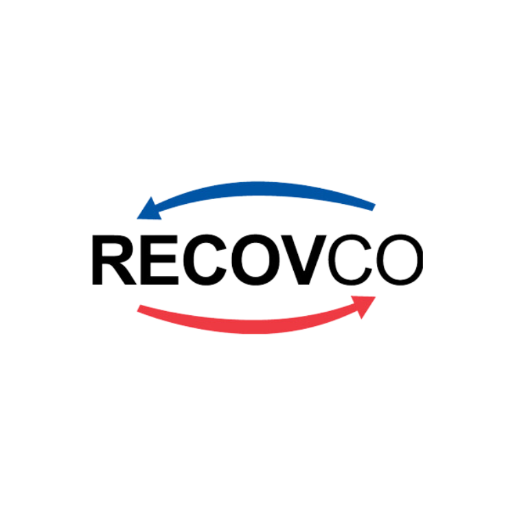 a red , blue and white logo for a company called recovco .