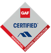 GAF Certified Residential Roofing Contractor badge: gray diamond with red accents, blue roof icon, and the word 