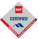 GAF Certified Residential Roofing Contractor badge: gray diamond with red accents, blue roof icon, and the word 