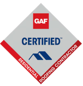 GAF Certified Residential Roofing Contractor badge: gray diamond with red accents, blue roof icon, and the word 