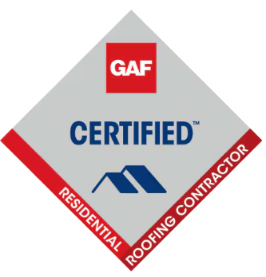 GAF Certified Residential Roofing Contractor badge: gray diamond with red accents, blue roof icon, and the word 