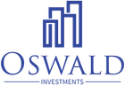 The logo for oswald investments is blue and white and looks like a building.