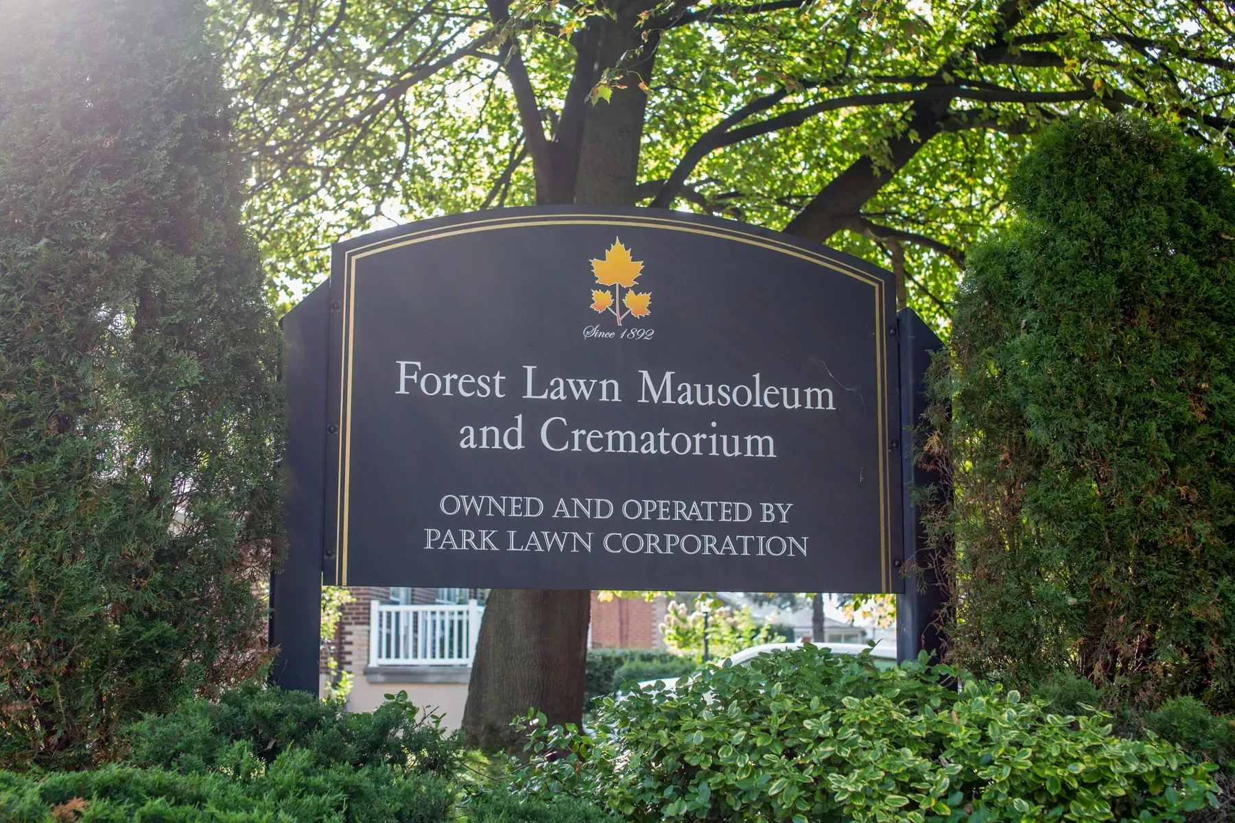 Forest Lawn Mausoleum and Crematorium sign amid trees and greenery