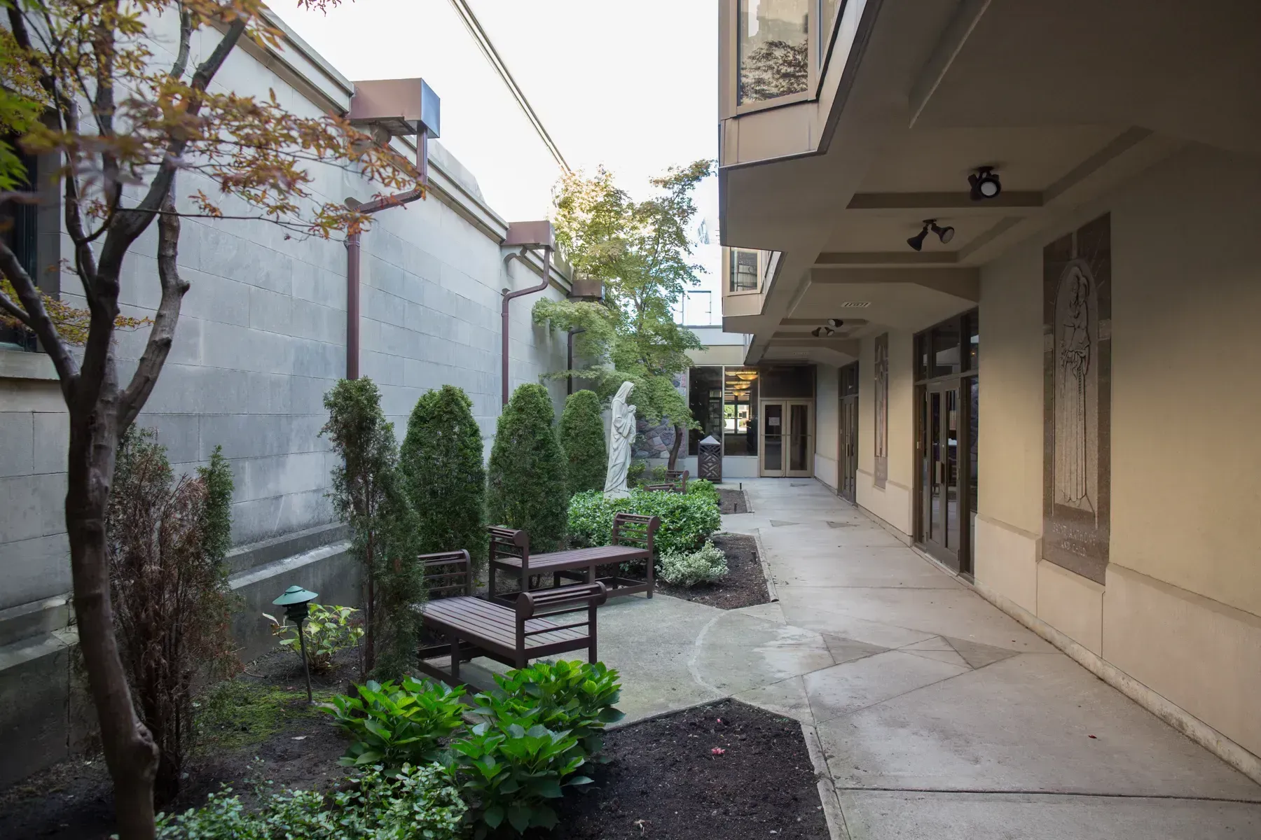 Quiet courtyard walkway with benches, potted shrubs, and building facades along a narrow path