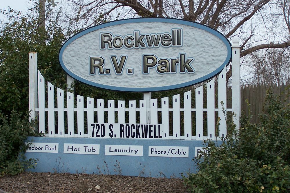 A sign that says rockwell r.v. park on it