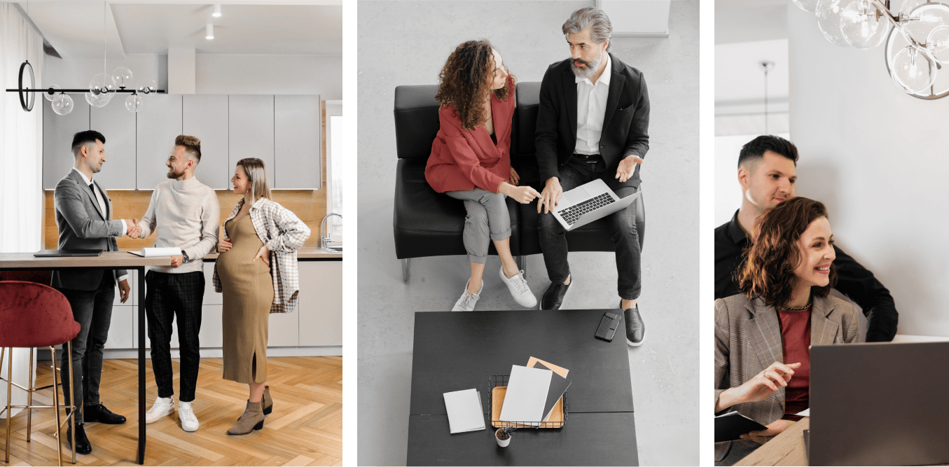 Three scenes of people in a bright office. One group shakes hands. Another two sit on a couch. A third couple looks at a laptop.