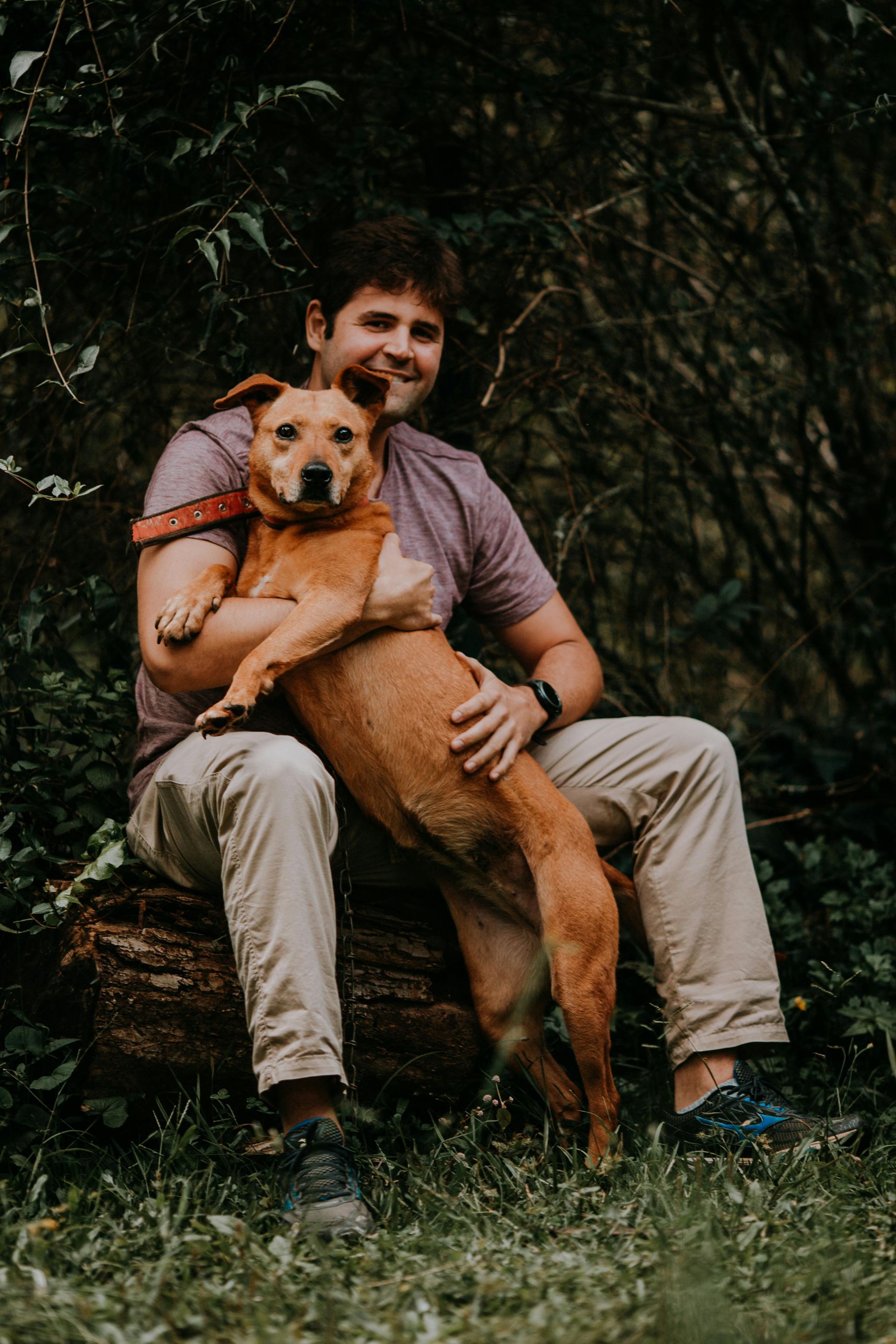 A man is sitting on a log holding a dog.