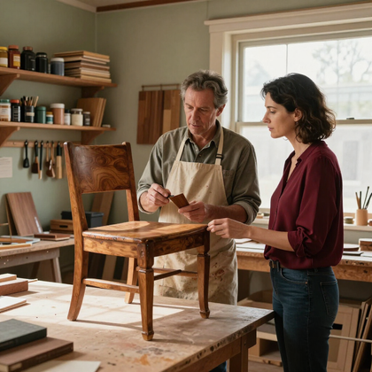 Dos personas conversando sobre una pequeña silla de madera en un taller de carpintería.