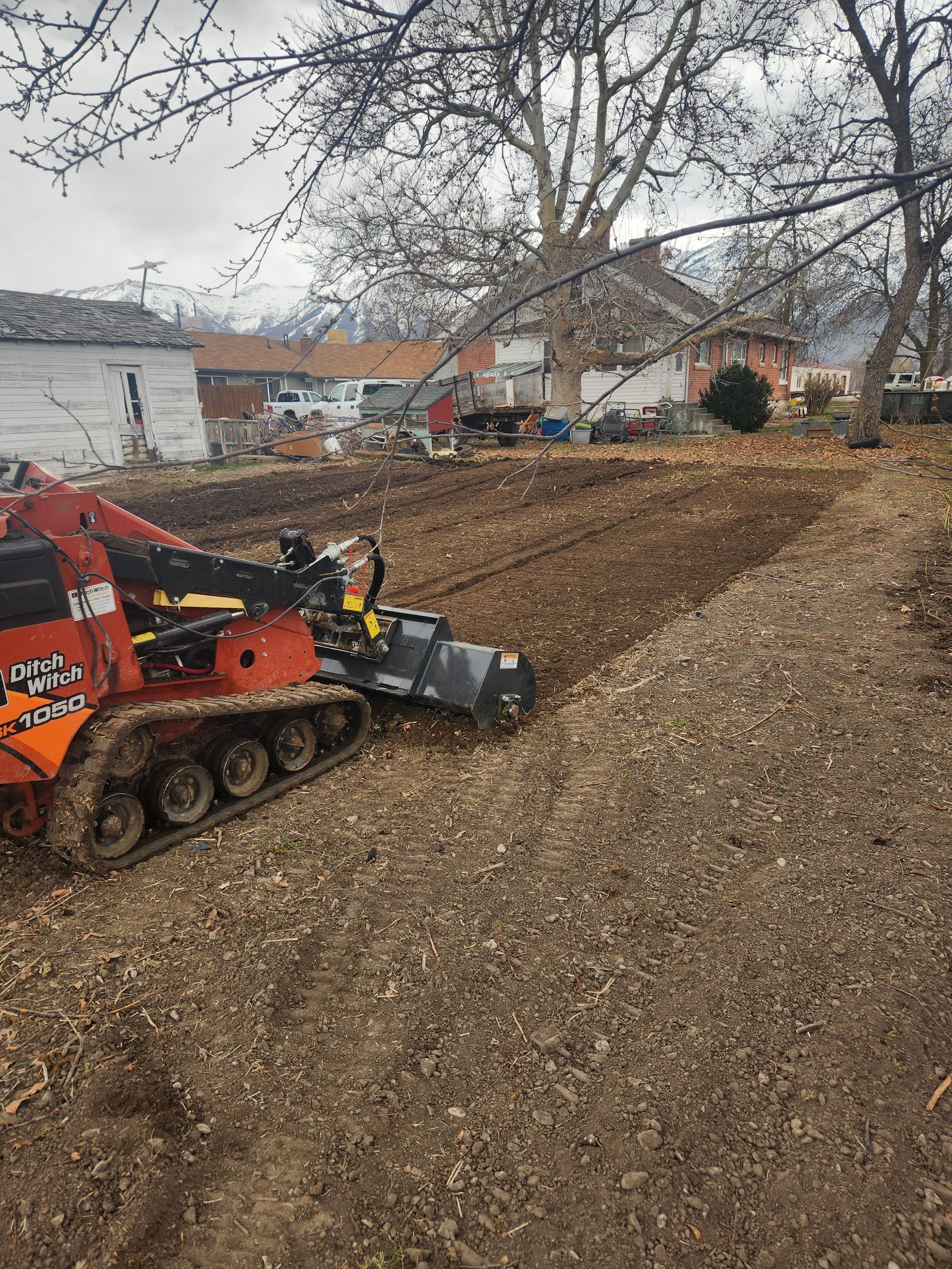 A small orange construction vehicle tilling a brown yard in front of houses on a cloudy day.