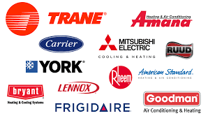 Collage of HVAC brand logos on a white background, including Trane, Carrier, York, Lennox, Rheem, and Goodman