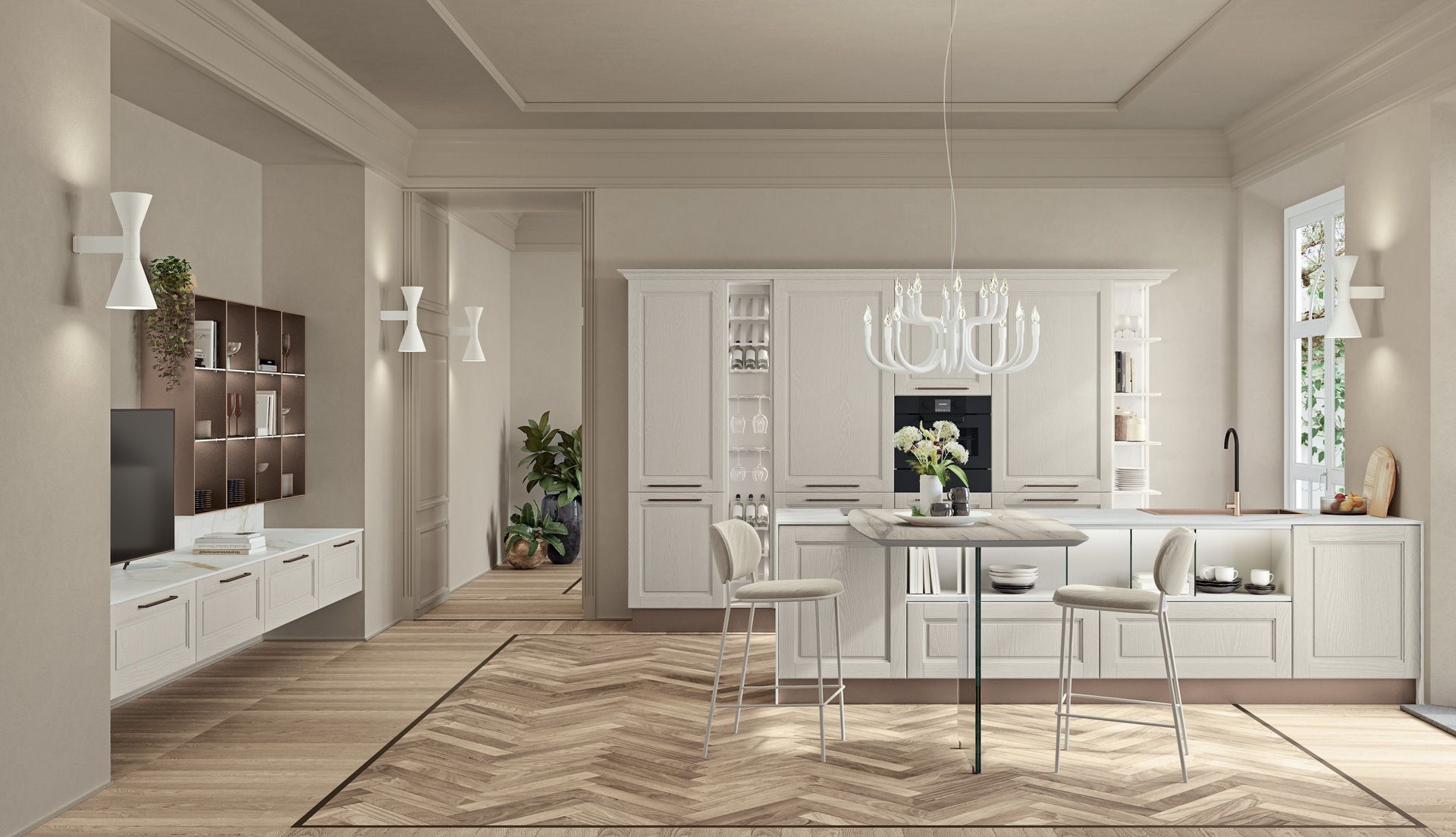 Una cucina con mobili bianchi, un tavolo, sedie e un tappeto.