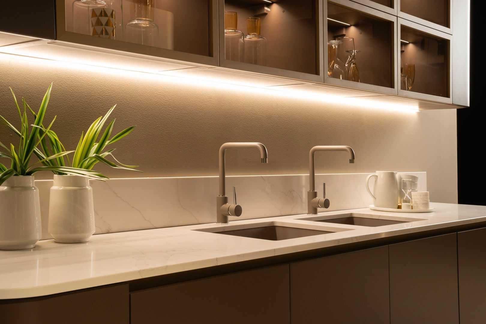 Una cucina con due lavelli e una pianta sul bancone.