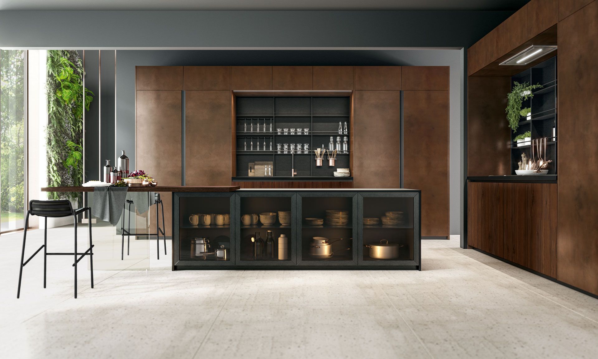 Una cucina moderna con armadi in legno e ante in vetro