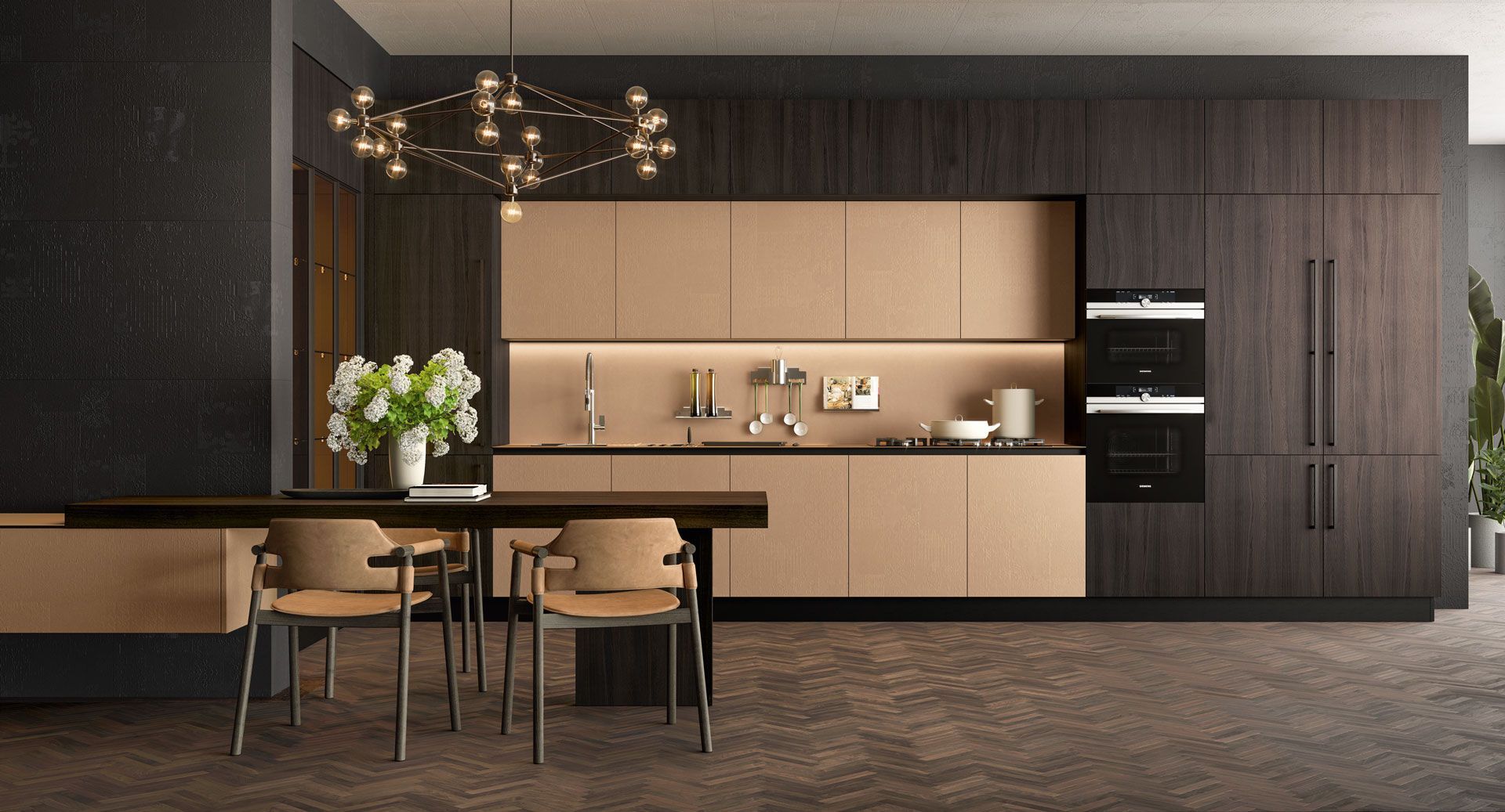 Una cucina con mobili in legno, tavolo e sedie