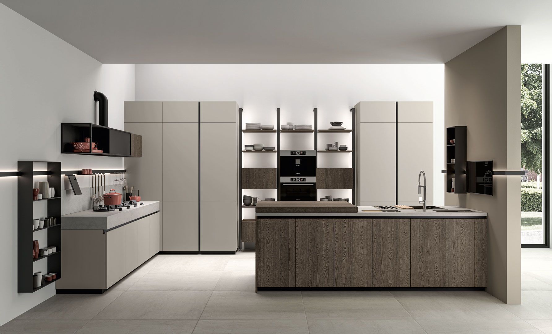 Una cucina moderna con una grande isola al centro