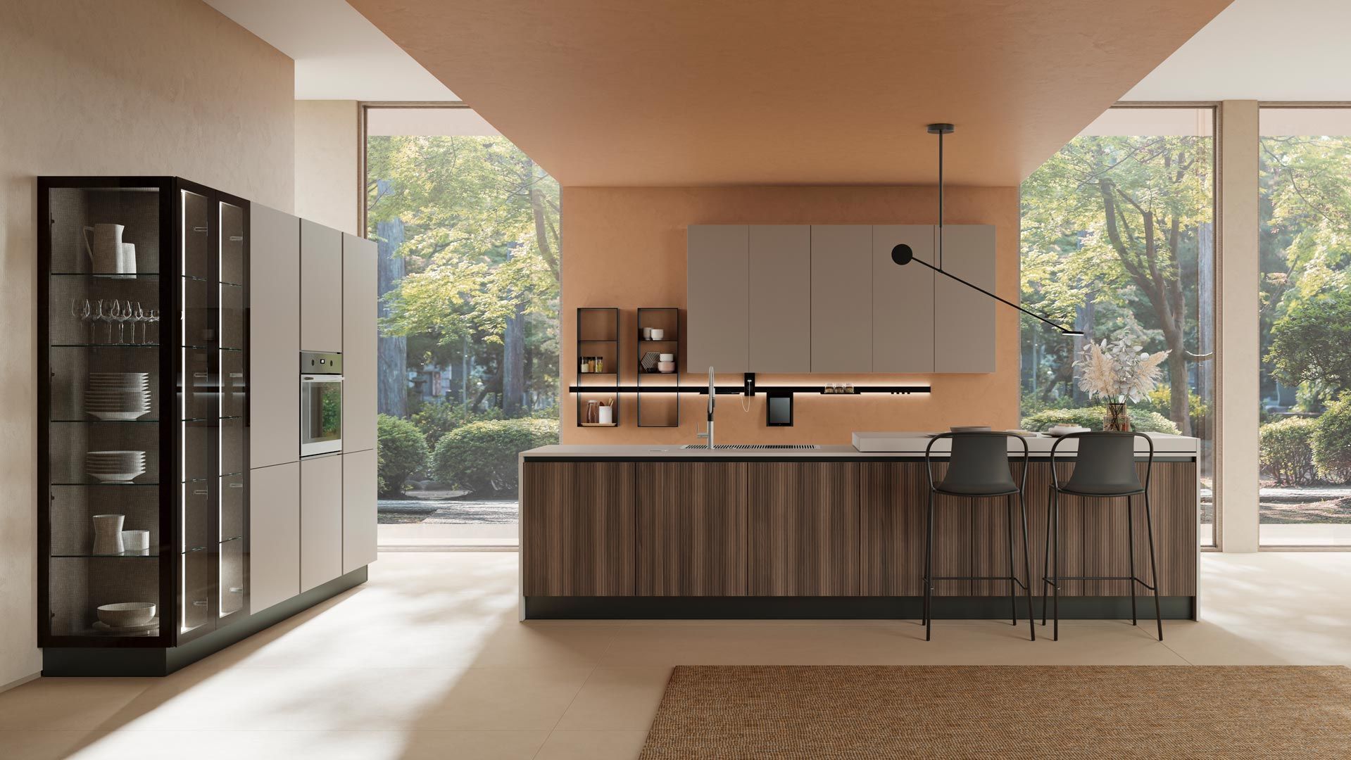 Una cucina con una grande isola e molti mobili