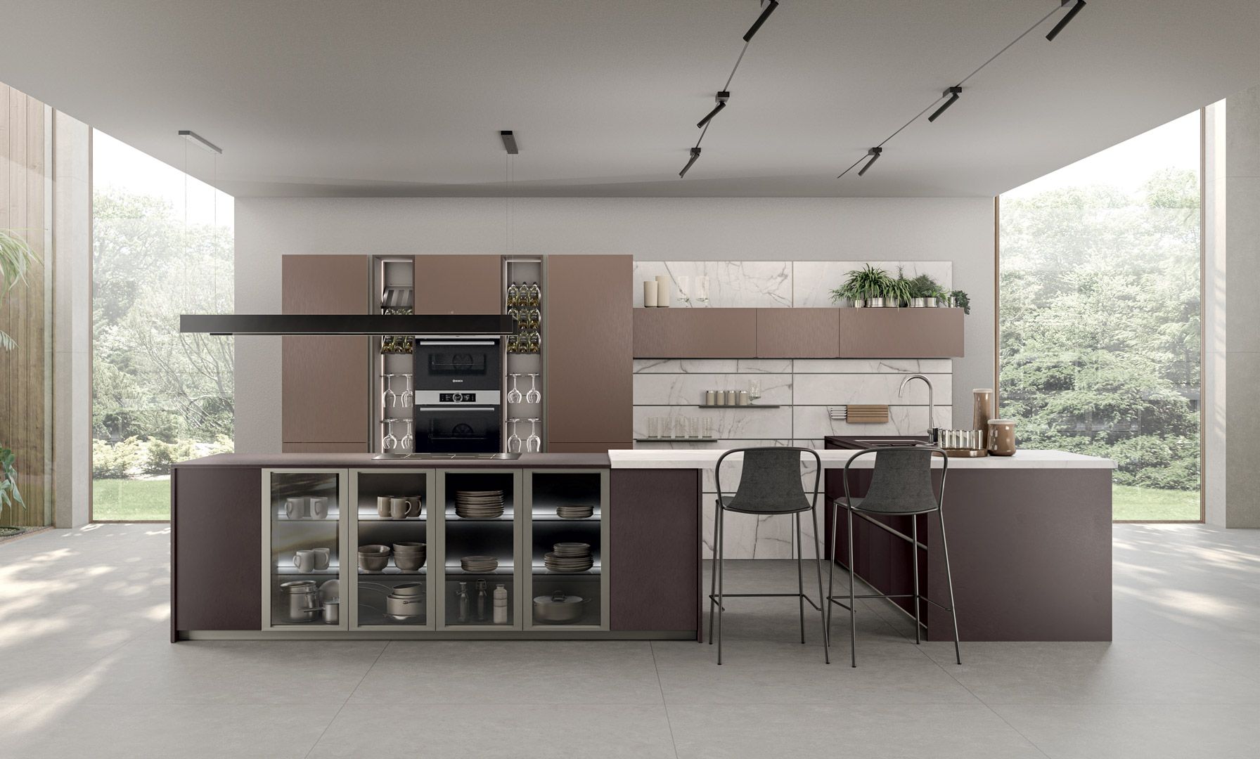 Una cucina moderna con una grande isola al centro della stanza.