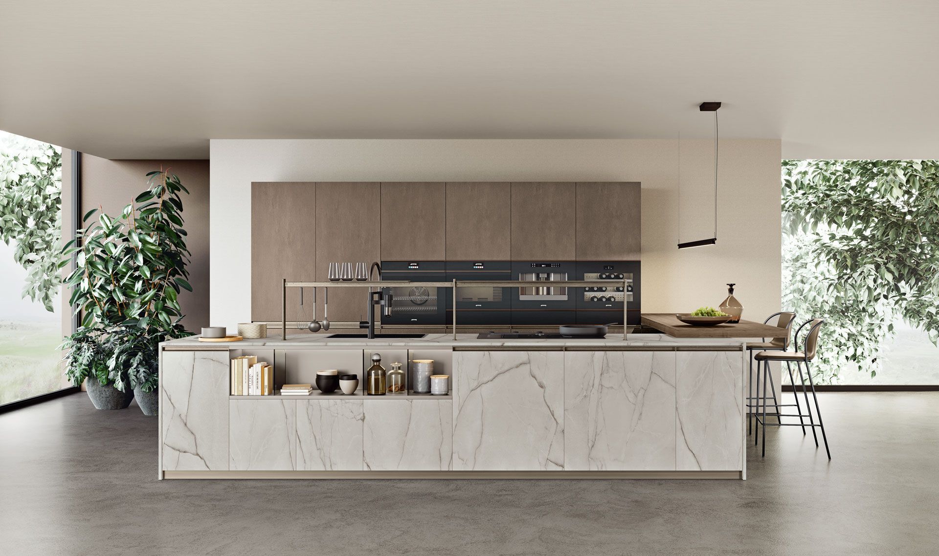 Una cucina con una grande isola al centro