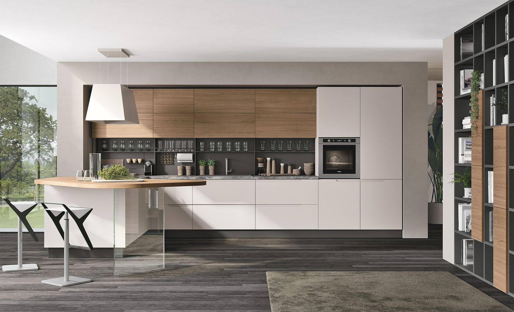 Una cucina moderna con armadi bianchi e armadi in legno