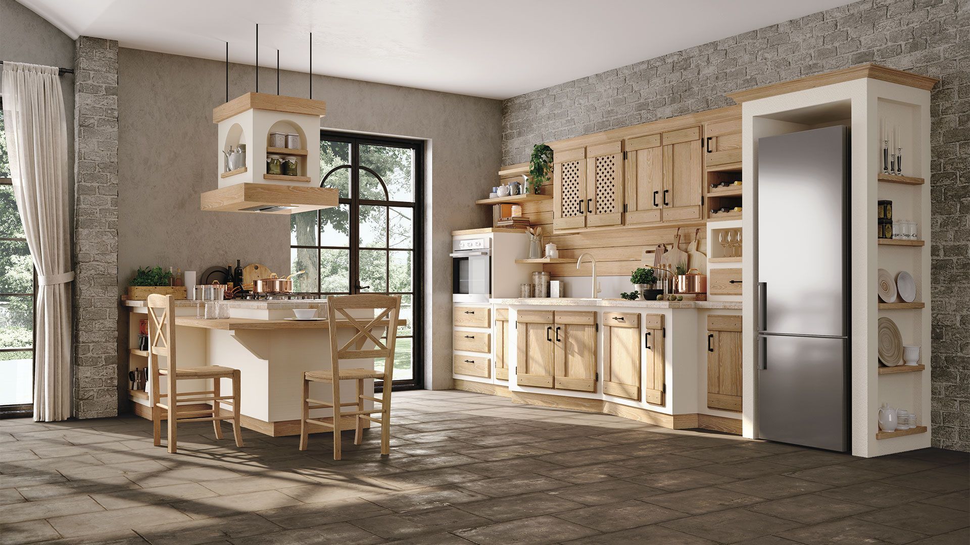 Una cucina con mobili in legno e frigorifero in acciaio inox.