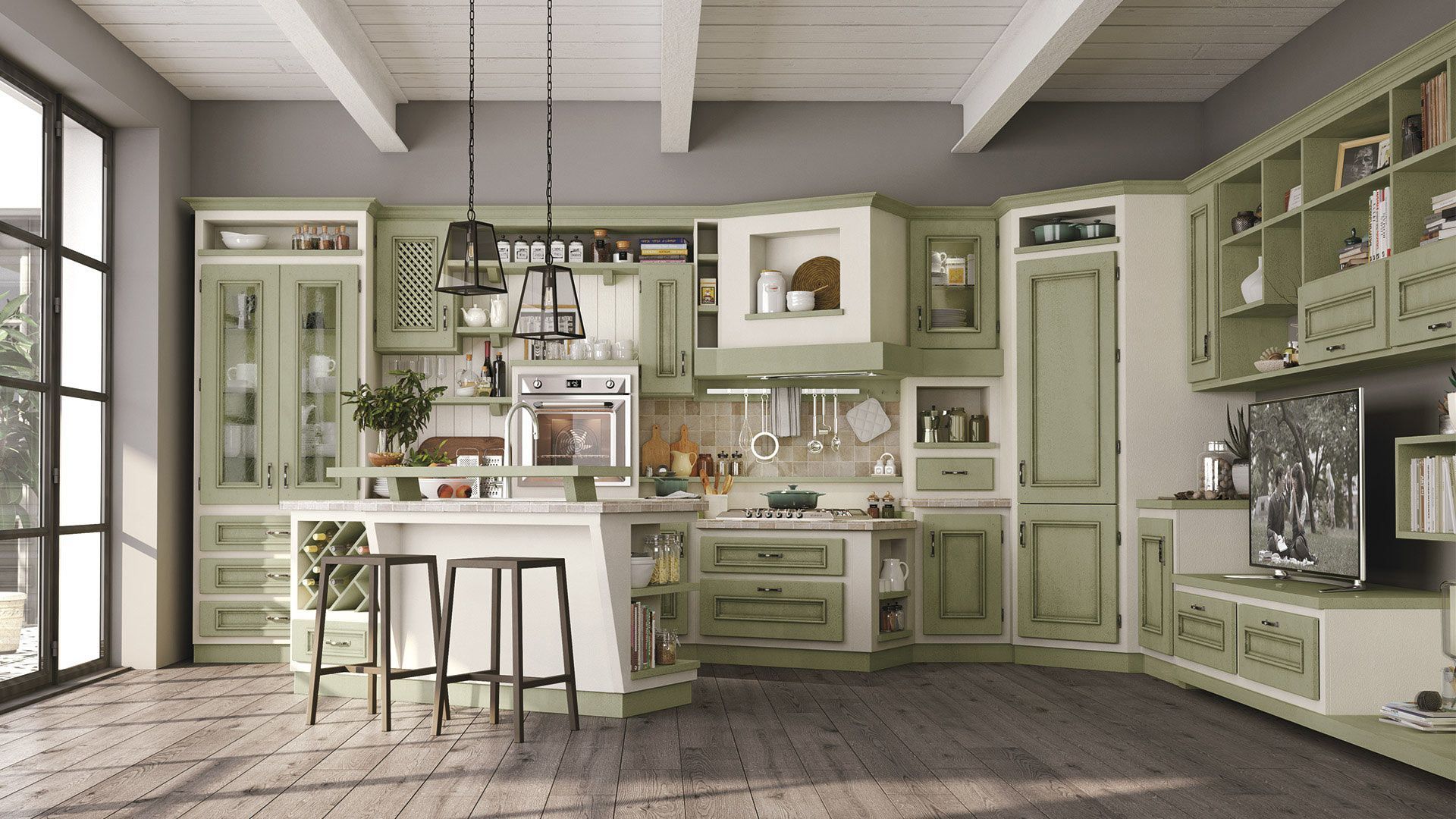 Una cucina con mobili e sgabelli verdi e bianchi