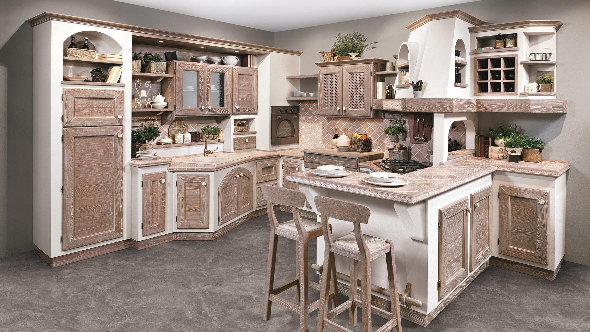 Una cucina con una grande isola e sgabelli