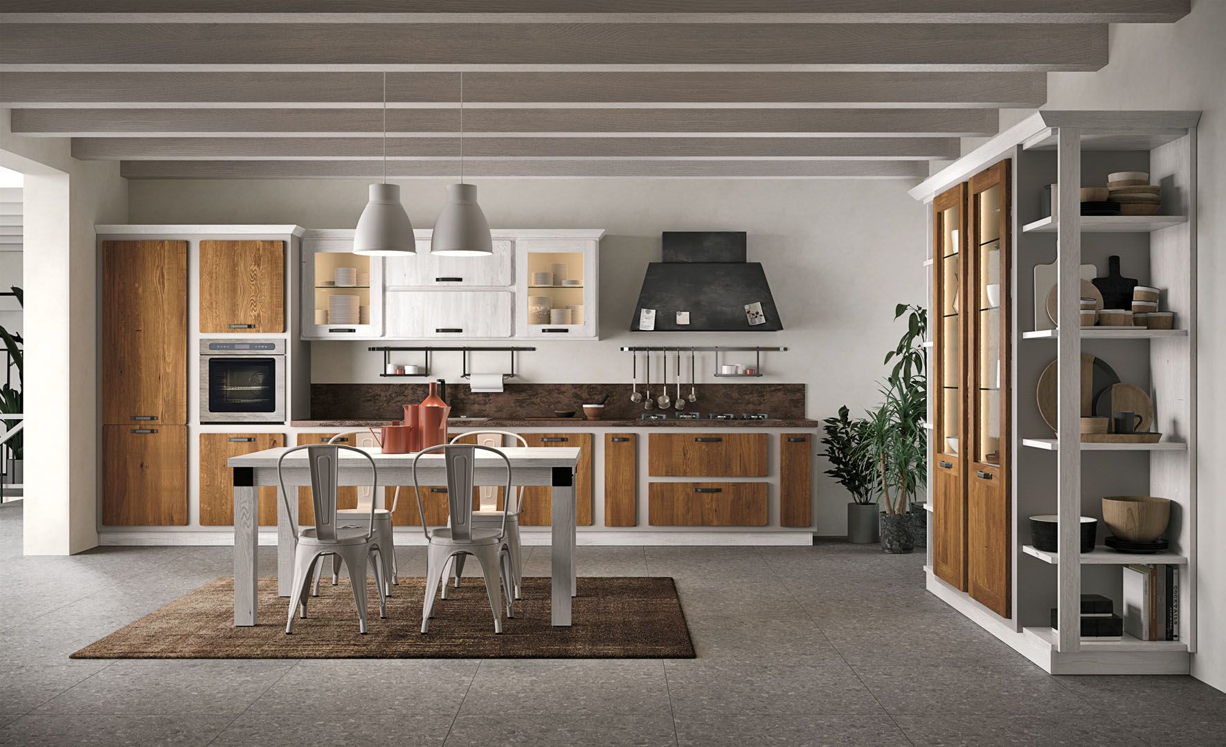 Una cucina con mobili in legno, tavolo e sedie