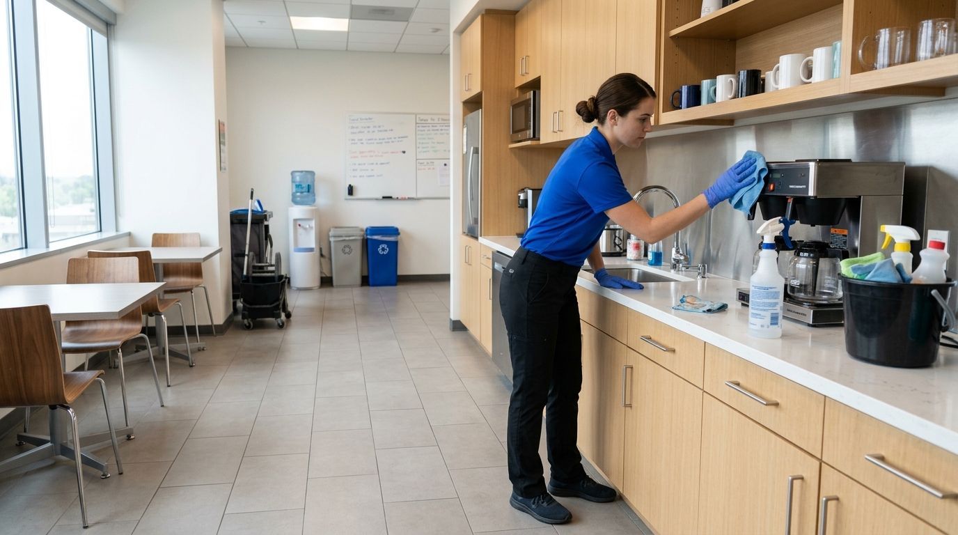 Cleaner disinfecting breakroom coffee station and countertops in commercial office in Eden Prairie, MN