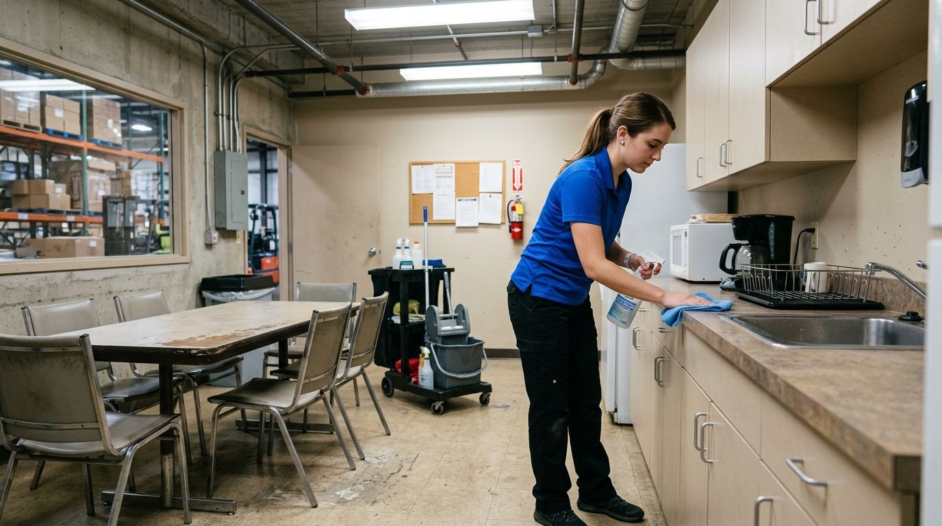 Cleaner disinfecting breakroom countertops and sink area in warehouse facility in Eden Prairie, MN