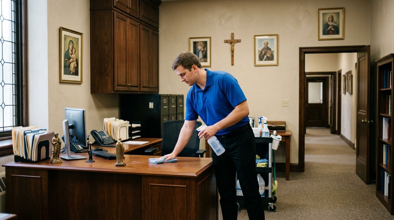Cleaner disinfecting office desk and workspace inside church administrative office in Eden Prairie, MN