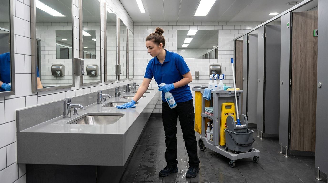 Cleaner disinfecting restroom sinks and countertops in a commercial facility in Eden Prairie, MN