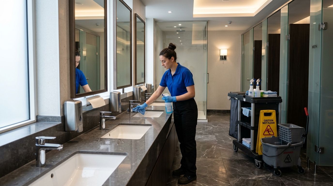 Cleaner disinfecting restroom sinks and countertops in commercial facility in Eden Prairie, MN