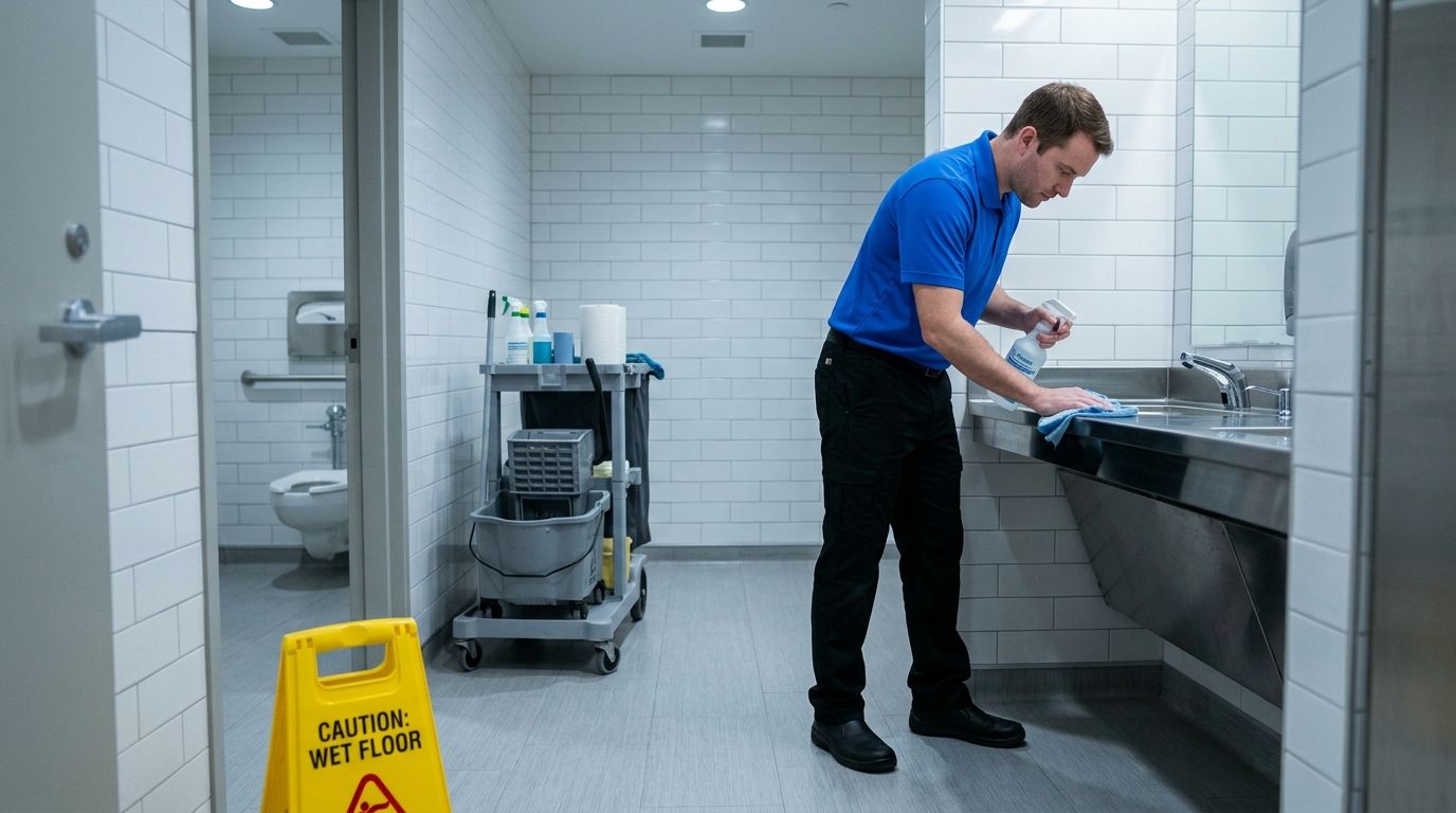 Cleaner disinfecting restroom sinks and countertops in a medical facility in Eden Prairie, MN