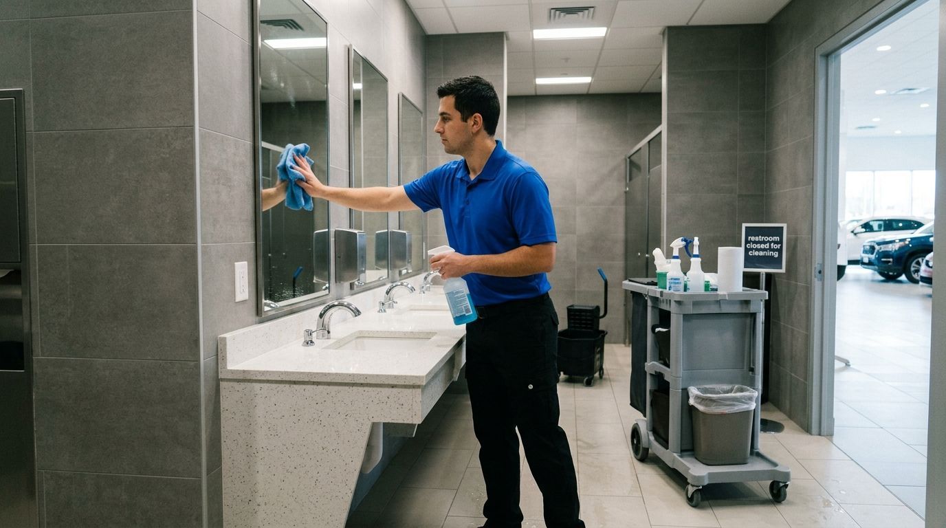 Cleaner disinfecting restroom sinks and mirrors in commercial facility in Eden Prairie, MN
