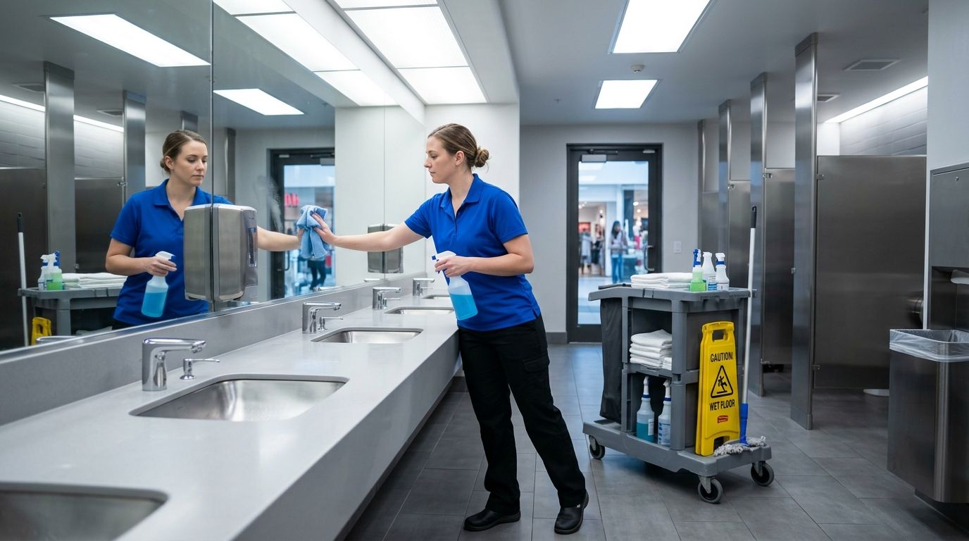 Cleaner disinfecting restroom sinks and mirrors in commercial facility in Eden Prairie, MN