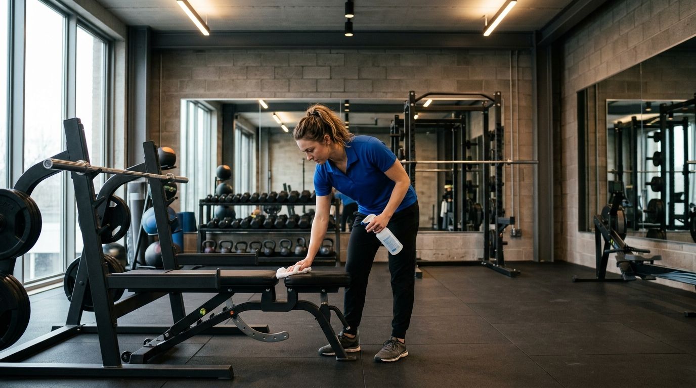 Cleaner disinfecting weight bench and gym equipment in fitness center in Eden Prairie, MN