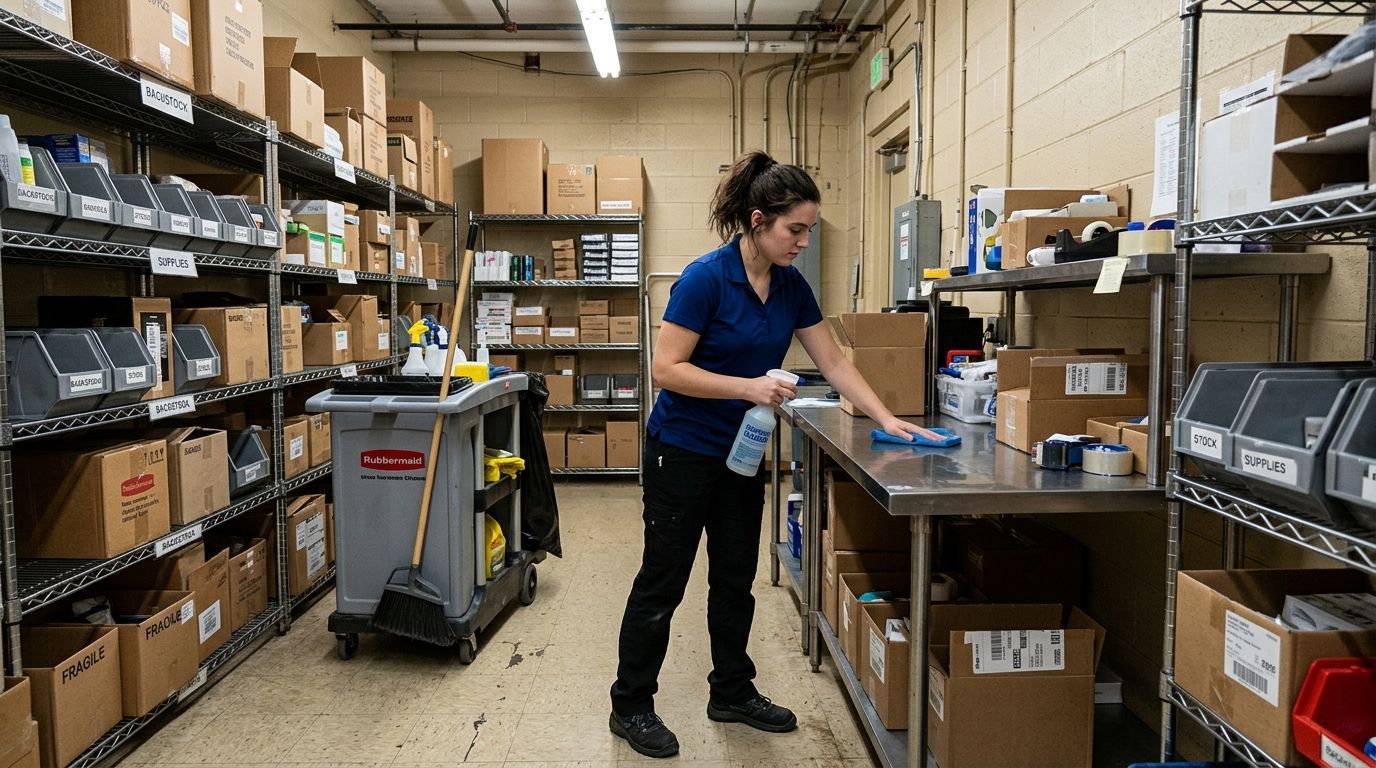 Cleaner disinfecting worktable and organizing supplies in stockroom in Eden Prairie, MN