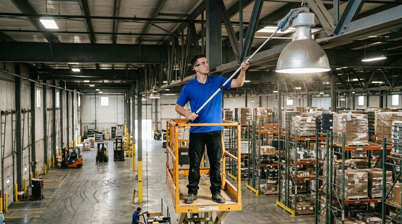 Cleaner dusting overhead light fixtures using extension pole in warehouse facility in Eden Prairie, MN