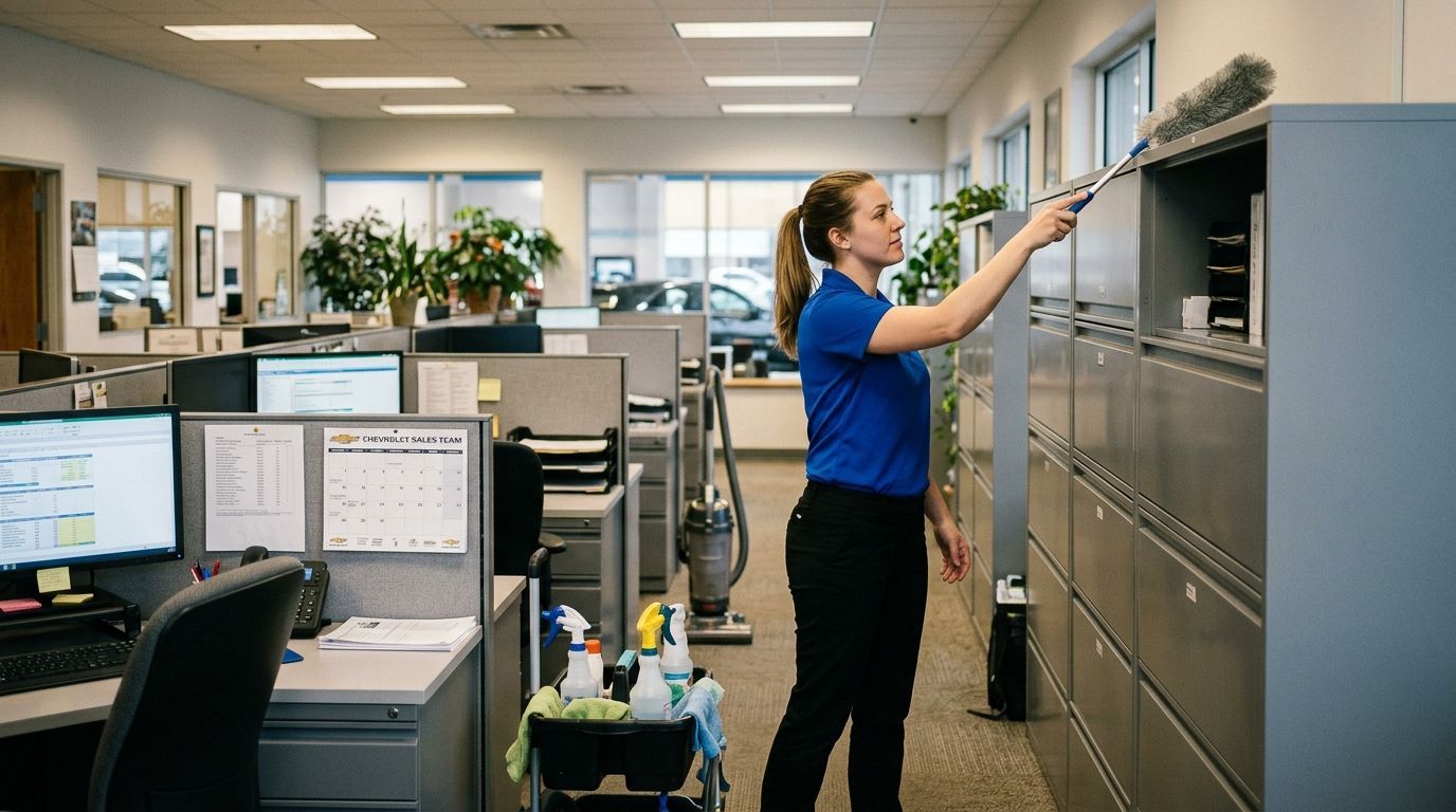Cleaner dusting top of office storage cabinets in commercial office workspace in Eden Prairie, MN