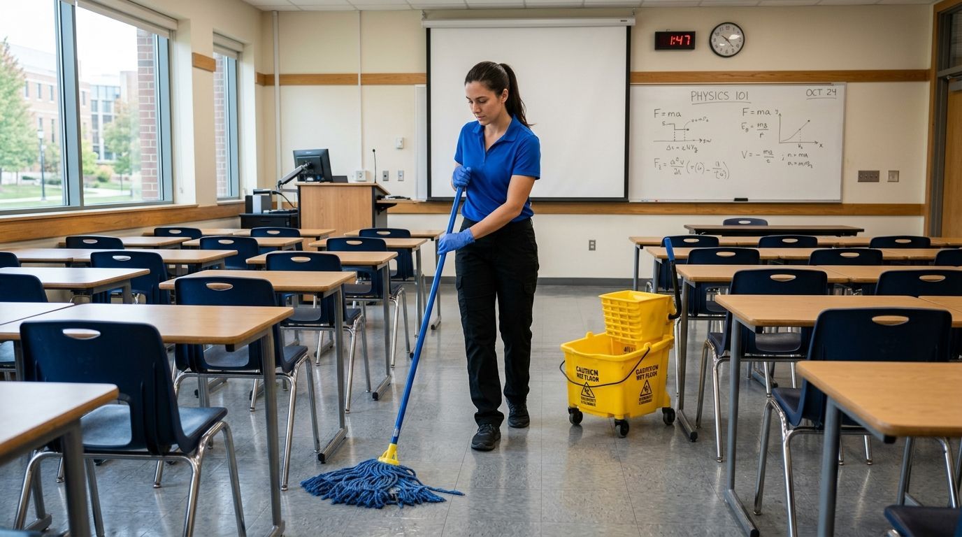 Cleaner mopping classroom floor in school environment in Eden Prairie, MN
