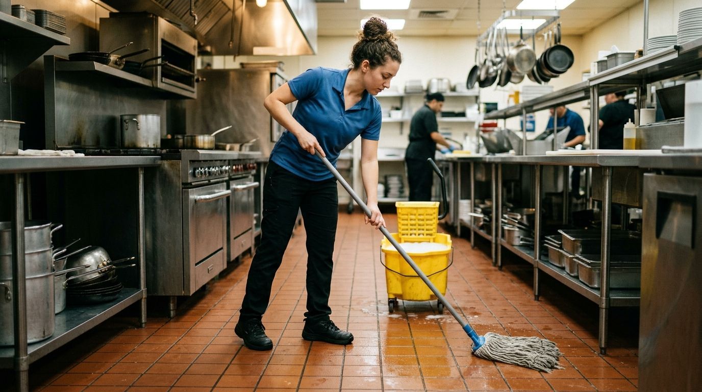 Cleaner mopping commercial kitchen floor in restaurant back of house area in Eden Prairie, MN